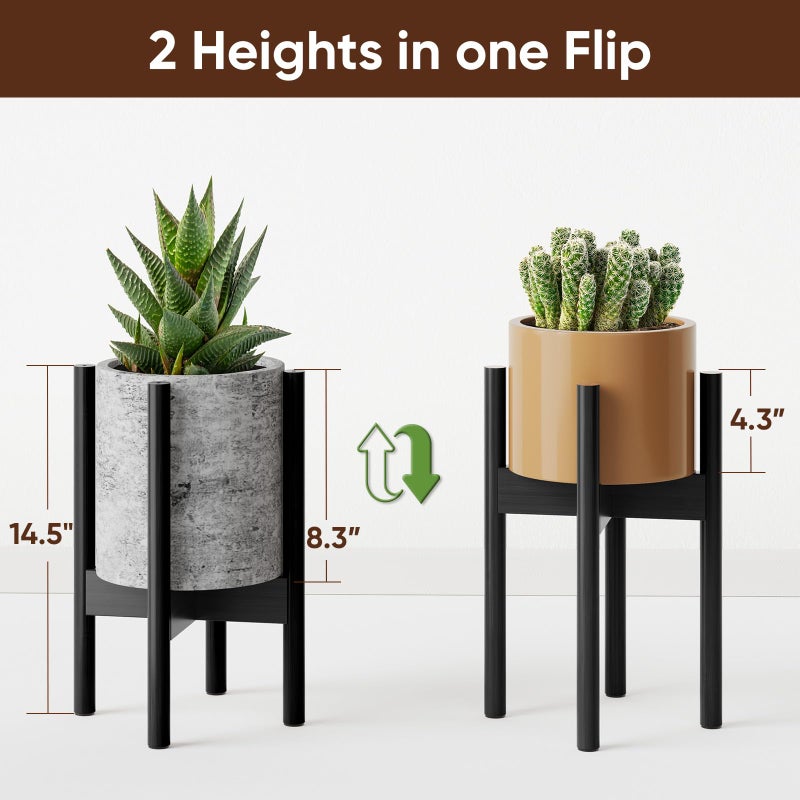 MUDEELA 14 Inch Tall Plant Stand for Indoor, Adjustable Width Bamboo Plant Stand for 8 9 10 11 12 Inches Pot, Single Tier Planter Holder Floor Stand, Mid Century Modern Style, Black, Without Pot - Image 4